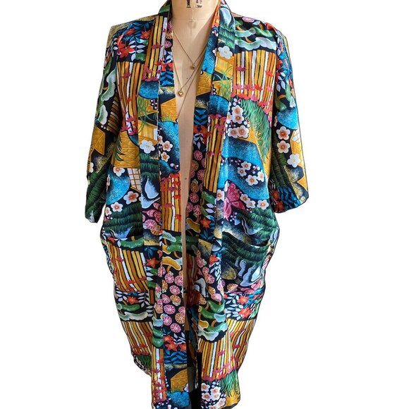 Vintage vibrant wood-sy pattern knee length kimono cover up - Picture 3 of 15